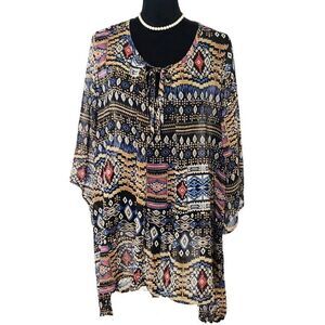 Young at Heart Womens Multicolor Sheer Aztec Sleeve Tie Front Hi Lo Tunic Top XL
